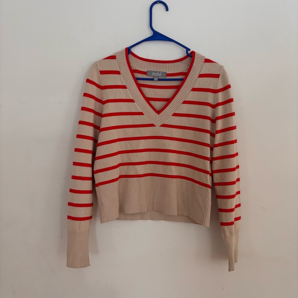 Marled Striped Cropped Sweater Red Beige V Neck Small